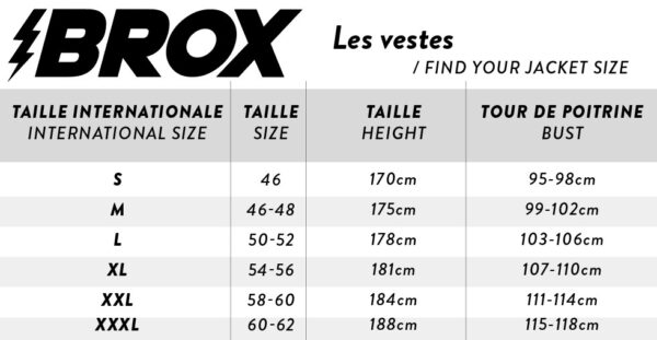 guide des tailles veste moto brox