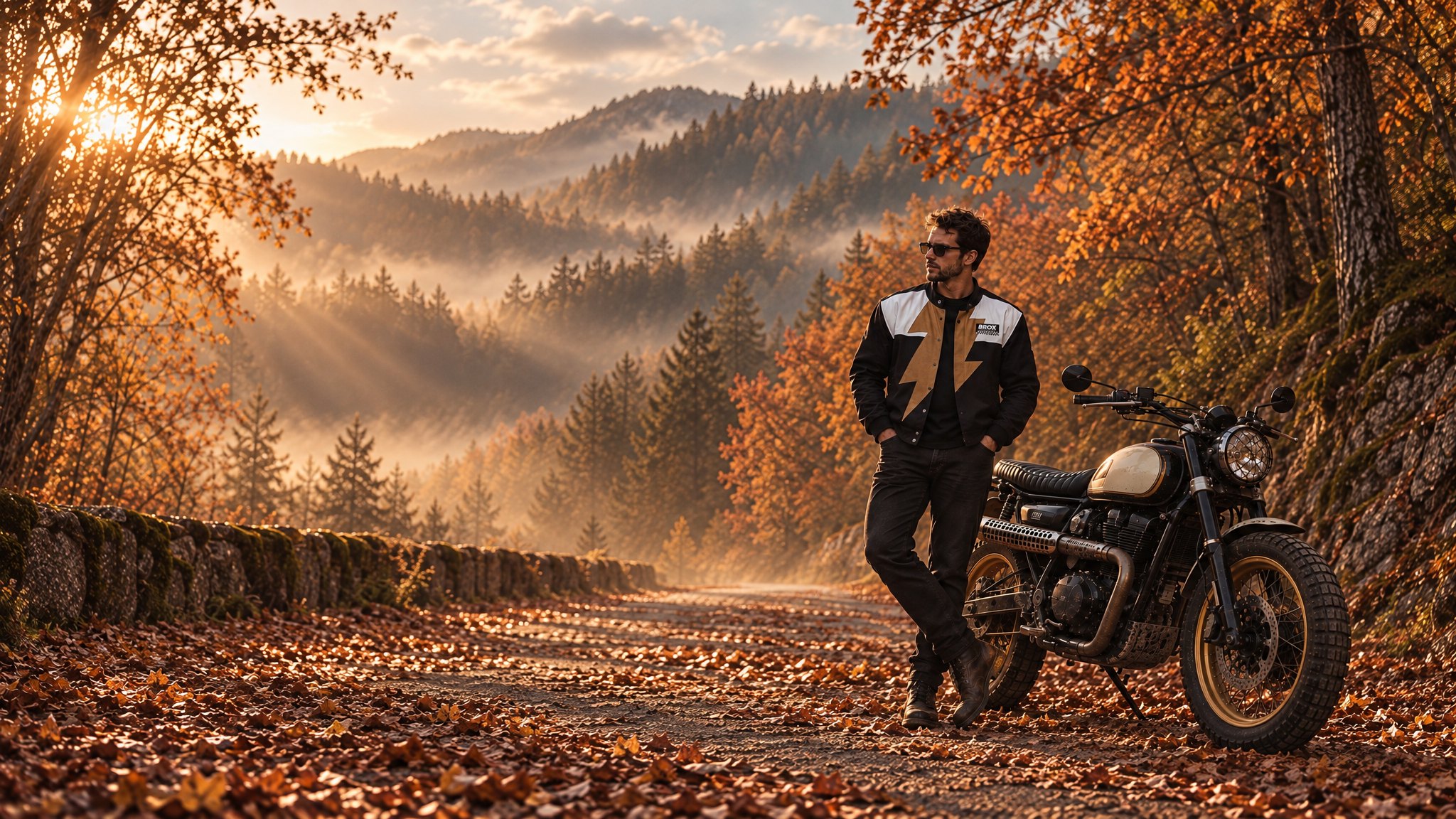 Motard en veste Blast homologuée Brox sur une route de forêt en automne
