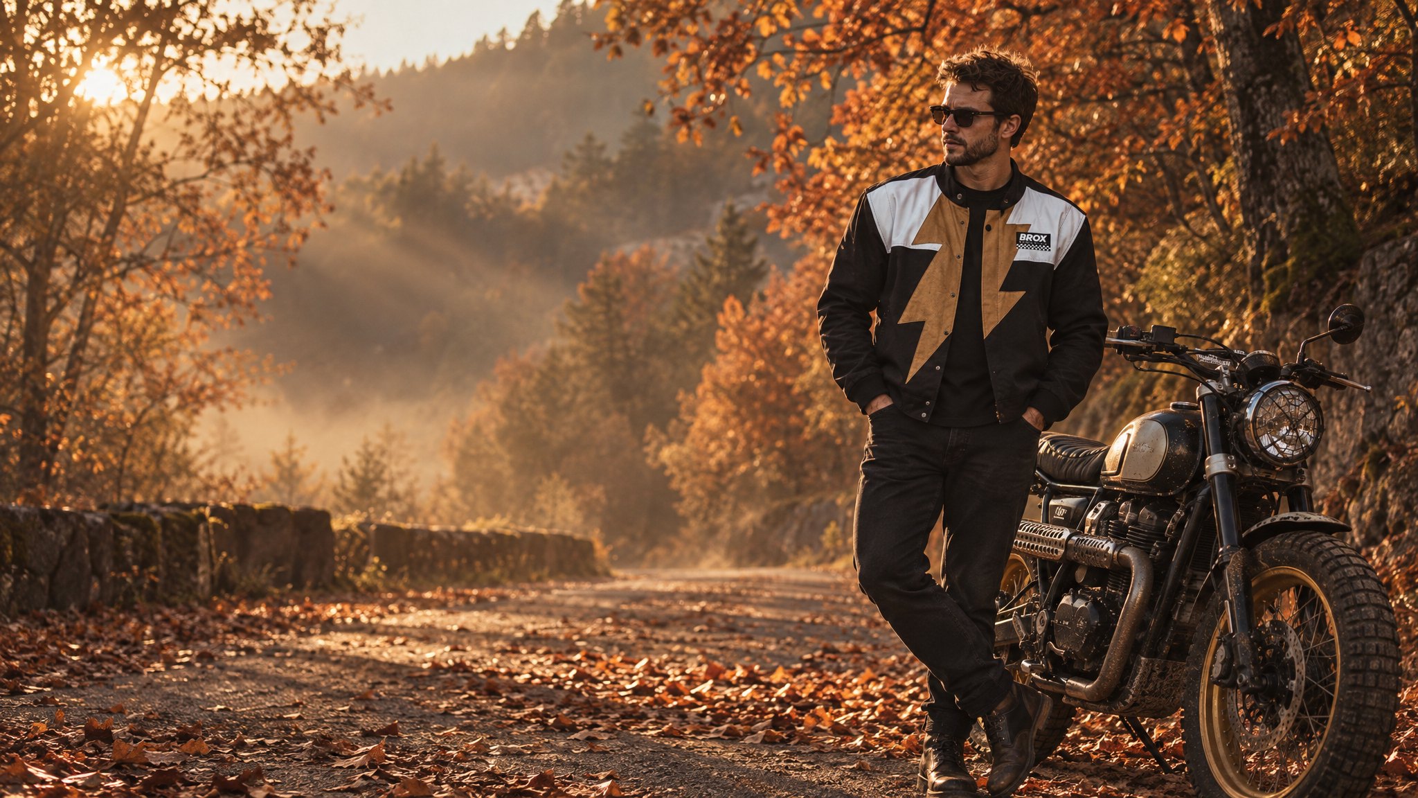 Motard en veste Blast homologuée Nascar Brox sur une route de forêt en automne